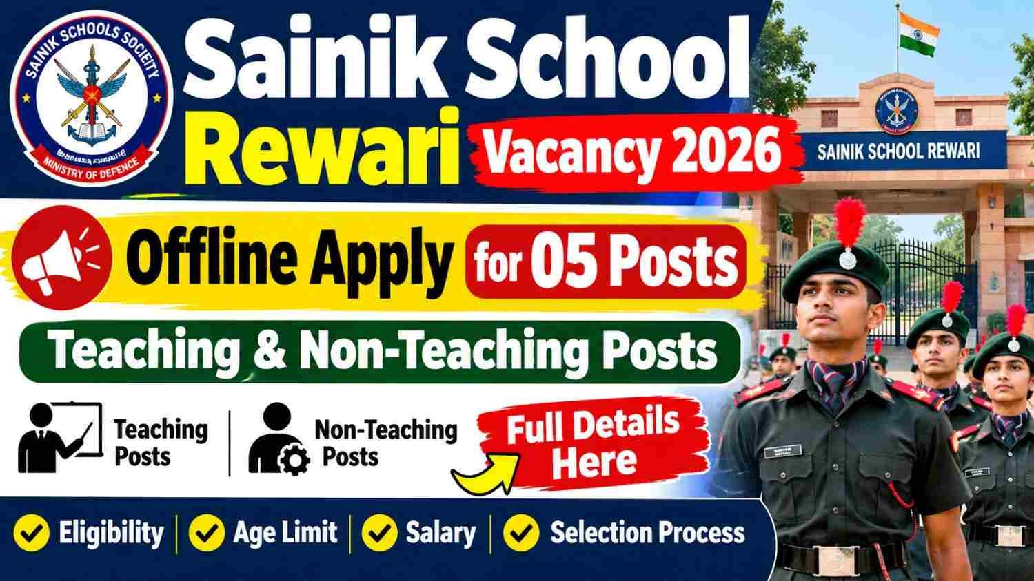 Sainik School Rewari Vacancy 2026 :  Offline Apply for 05 Posts ,Teaching and Non-Teaching Posts Full Details Here